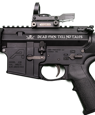 AR-15 Rifle with custom laser engraved words Dead Men Tell No Tales