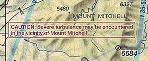 Mt Mitchell depicted on aviation sectional with caution for severe turbulence