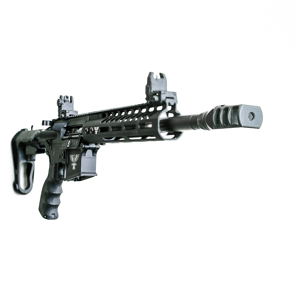 Thumbnail: AR-15 5.56/.223 caliber pistol front view, with Ultradyne Pegasus muzzle brake for reduced recoil.
