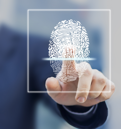 Fingerprint scan provides security access with biometrics identification, person touching screen wit