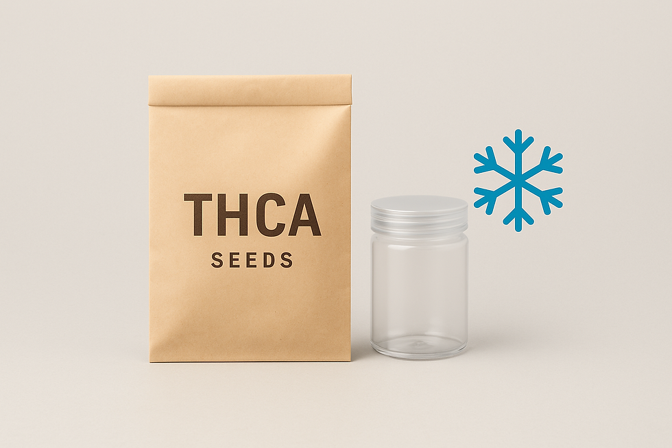 THCA seed packet next to a sealed container and a snowflake symbol, representing freshness and proper storage.