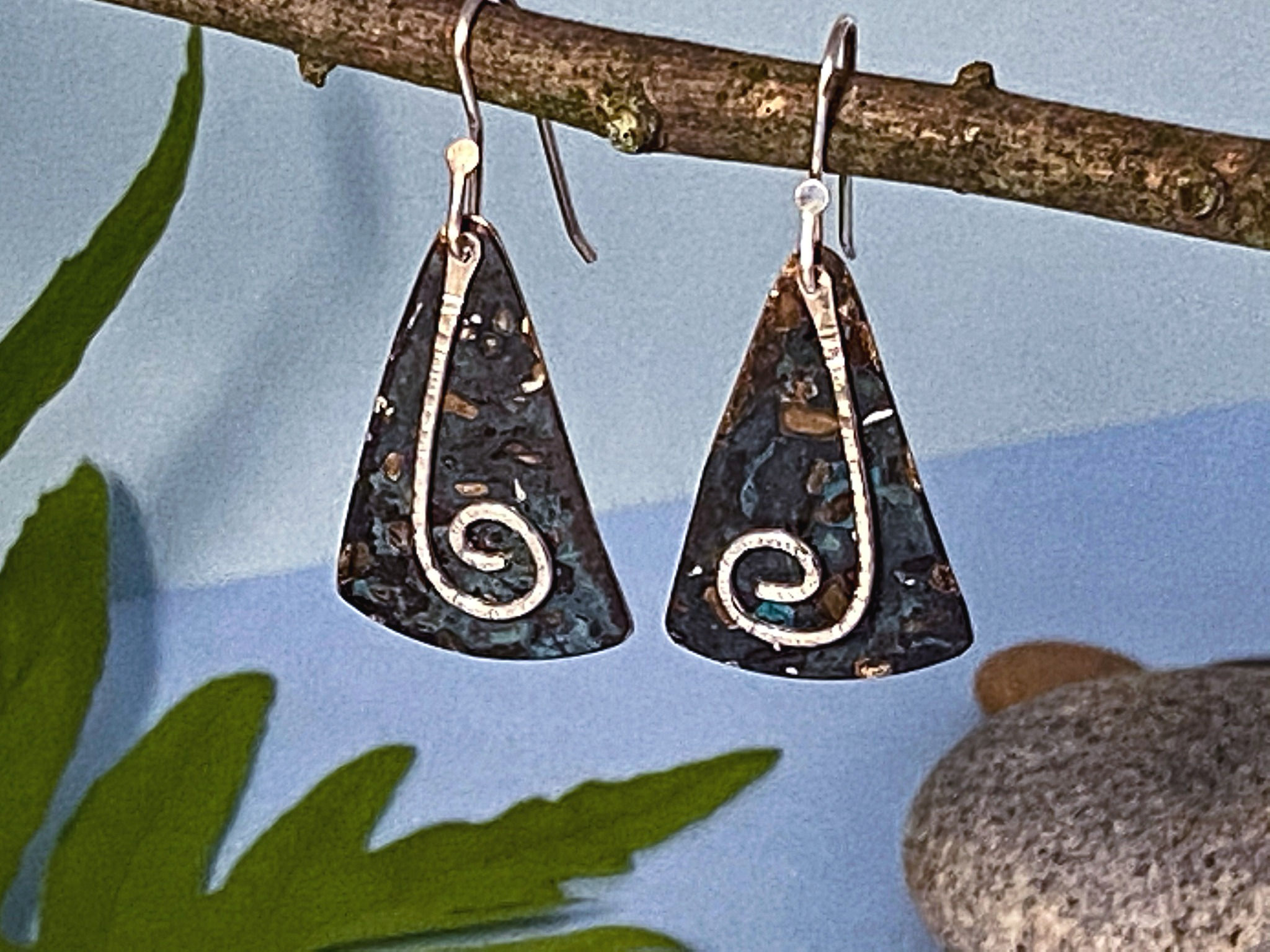 Multi - Patina Brass Triangle Earring with Spiral