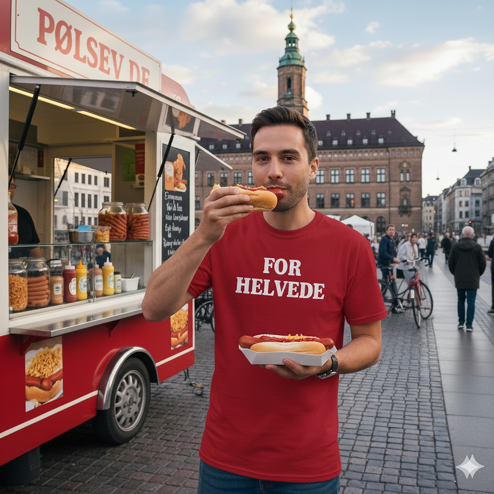 Man äter dansk pölse i en röd For Helvede T-Shirt utomhus i Köpenhamn