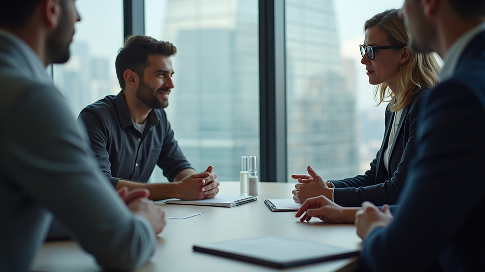 Close-up view of a business meeting discussing research commercialisation strategies
