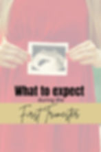 vertical graphic woman in red dress holding first trimester ultrasound text overlay says what to expect during the first trimester