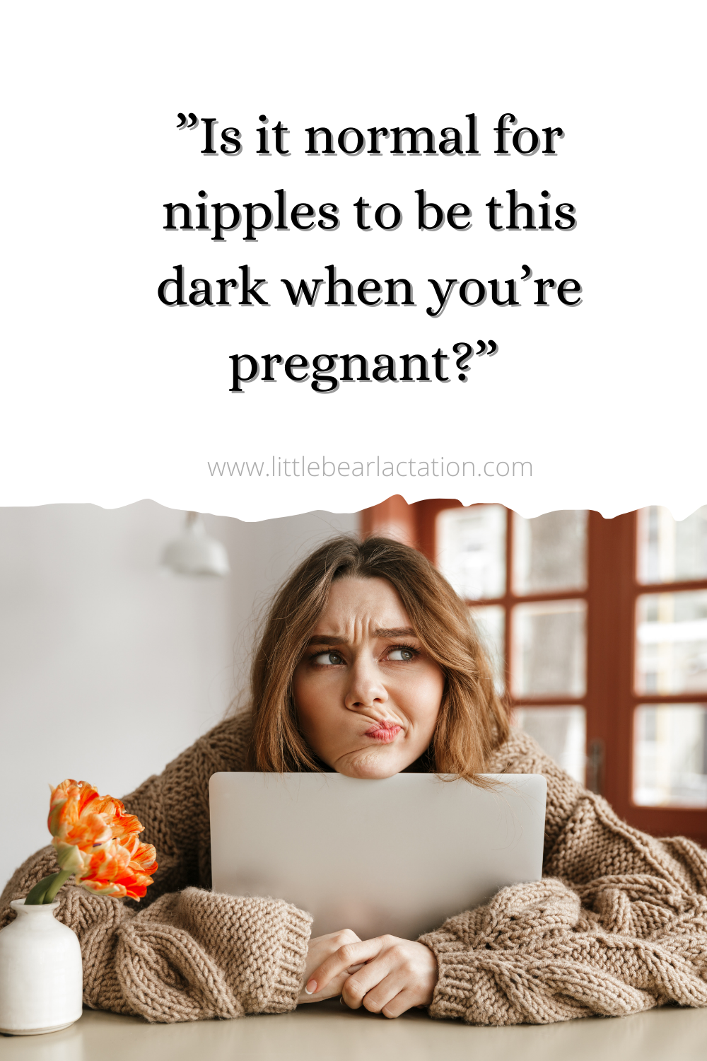 Woman at computer wondering is it normal for nipples to be this dark when you’re pregnant breast changes during pregnancy