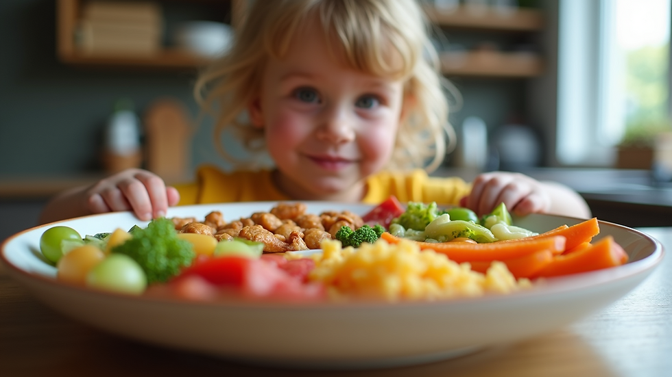 Eye-level view of a child’s colorful plate with various textured foods
