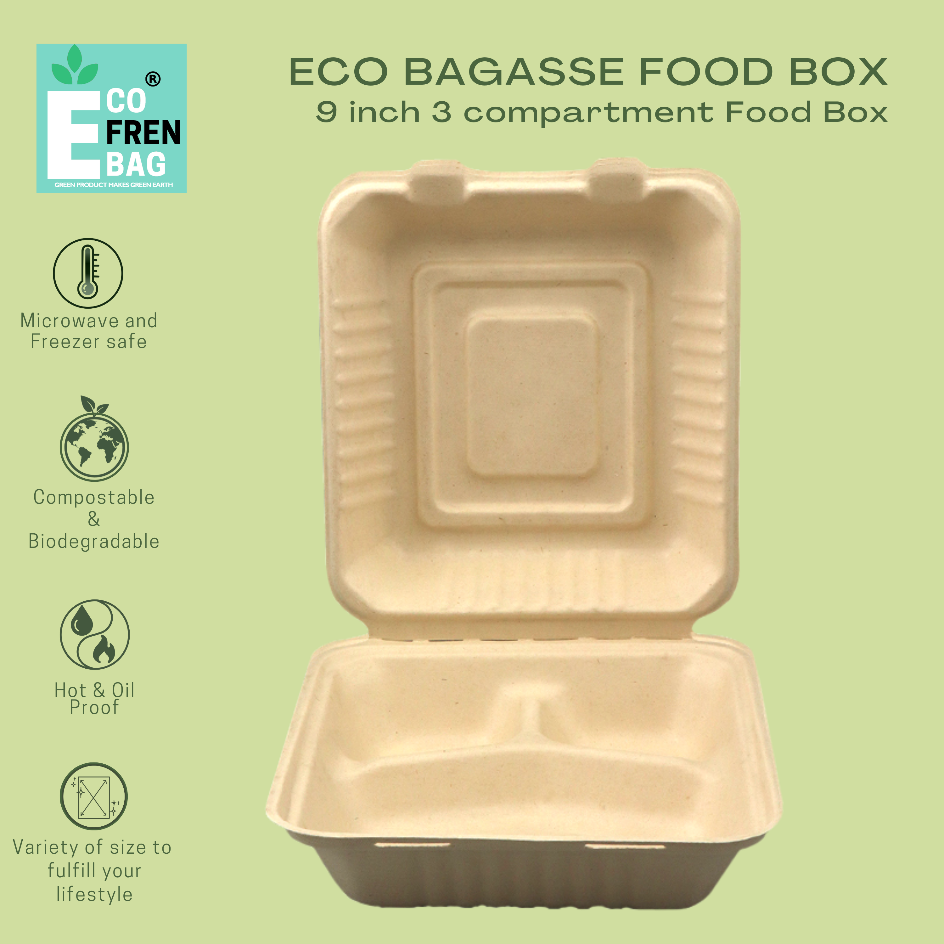 Bagasse 9 inch 3 Compartment Food Box