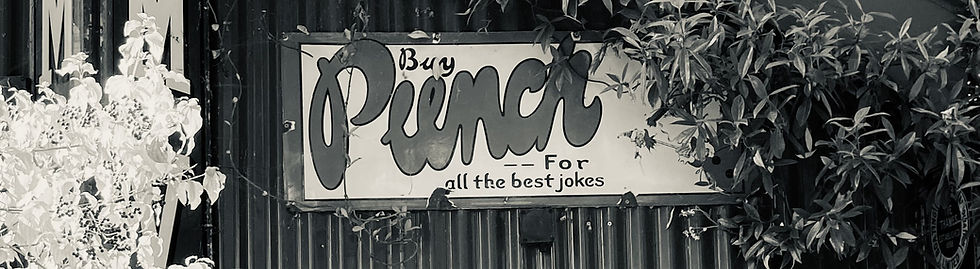 Black-and-white sign reading Buy Punch for all the best jokes, framed by leafy plants on a corrugated wall.
