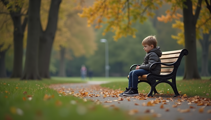Eye-level view of a child sitting alone on a park bench looking thoughtful