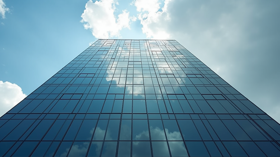 High angle view of commercial building with glass facade reflecting sky