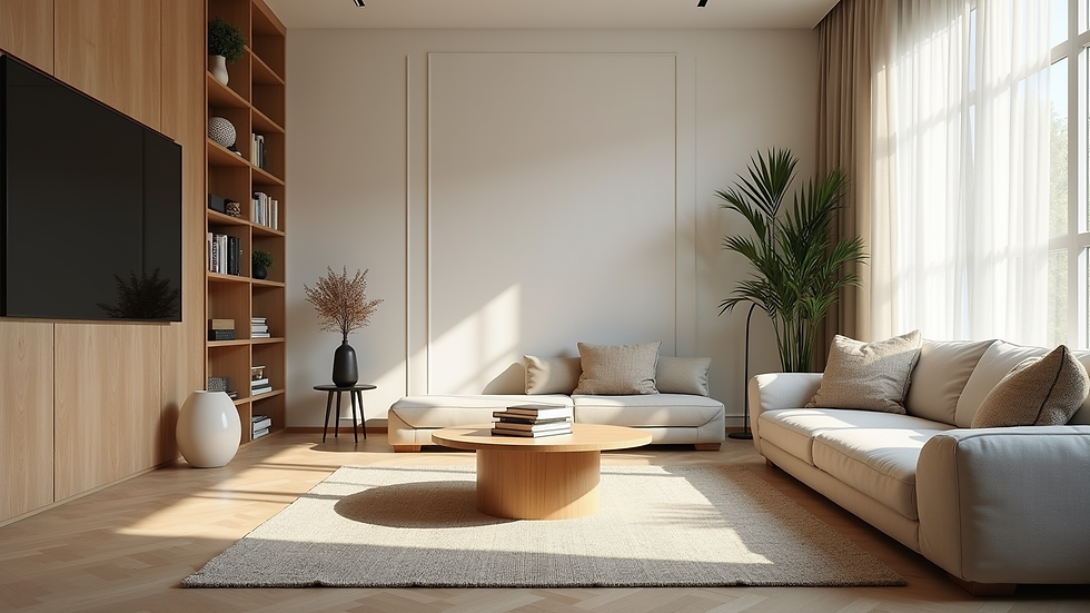 Eye-level view of a modern living room with natural light