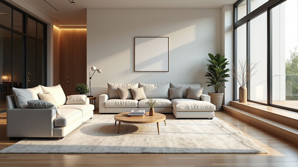 Eye-level view of a modern living room with an open floor plan