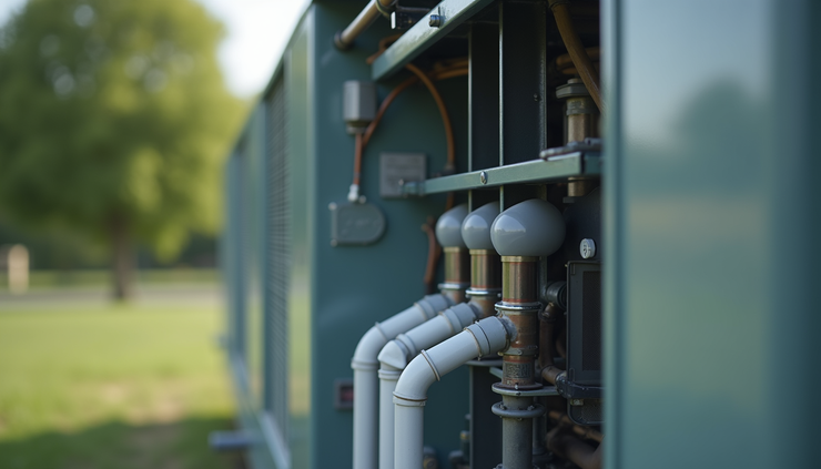 Close-up view of an air conditioning outdoor unit showing pipes and coils