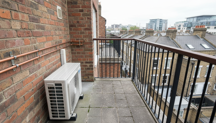 High-angle view of a compact balcony with a neatly positioned outdoor air conditioning unit