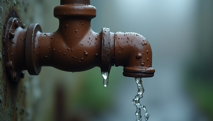 Close-up view of leaking boiler pipe with water droplets in a London home