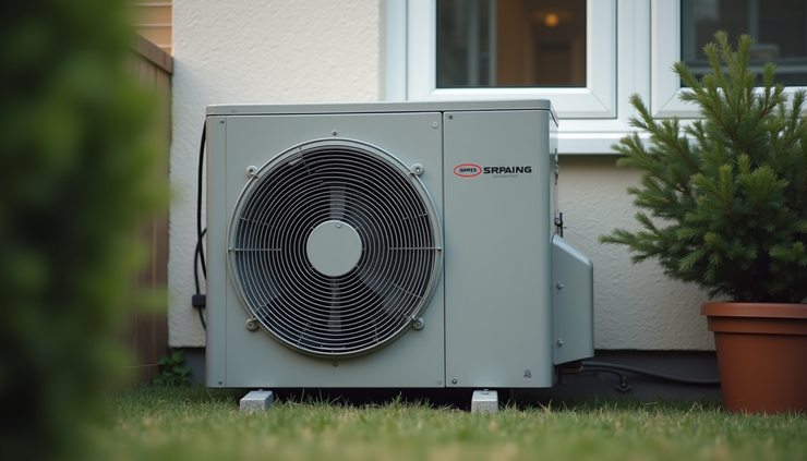 Eye-level view of a residential air conditioning unit with visible condenser coil outside a London home