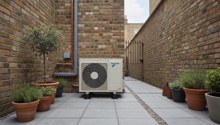 Eye-level view of an outdoor AC unit on anti-vibration feet in a small London courtyard