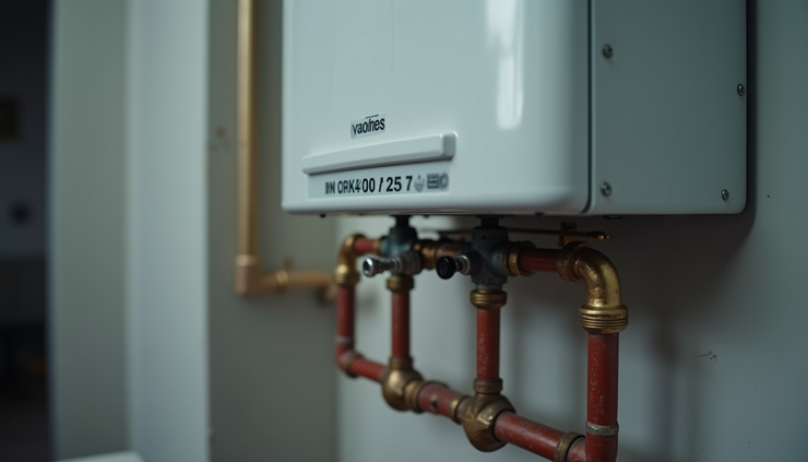 Close-up view of a gas boiler with a visible gas pipe in a London home