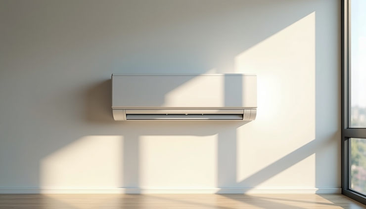 Eye-level view of a modern split air conditioning unit installed on a white wall in a bright home office