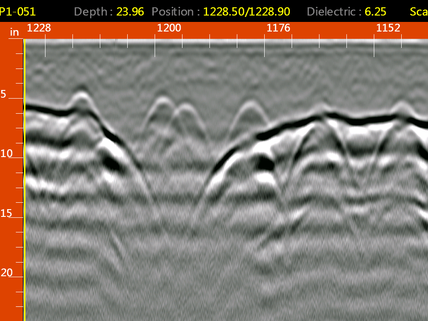 High frequency ground penetrating radar scan of a slab on grade foundation showing concrete to soil interface, rebar patterns, and post tension cables.