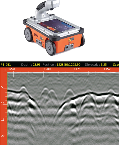 indoor concrete scan showing rebar and grade beam under a concrete floor