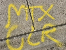 Sidewalk with MTX CLR marking indicating gas line clear, example of utility locate failure at school site.