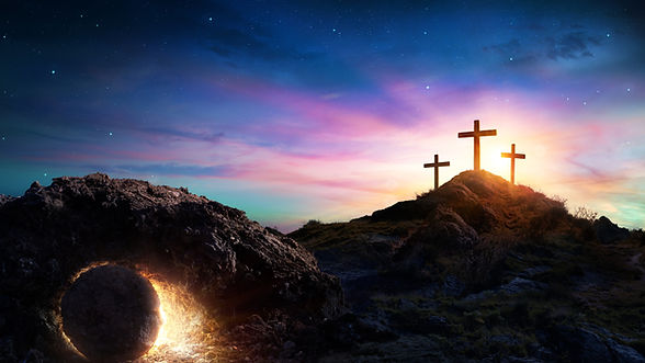 The Cross and an empty tomb with light shining out; from behind a rolled away stone