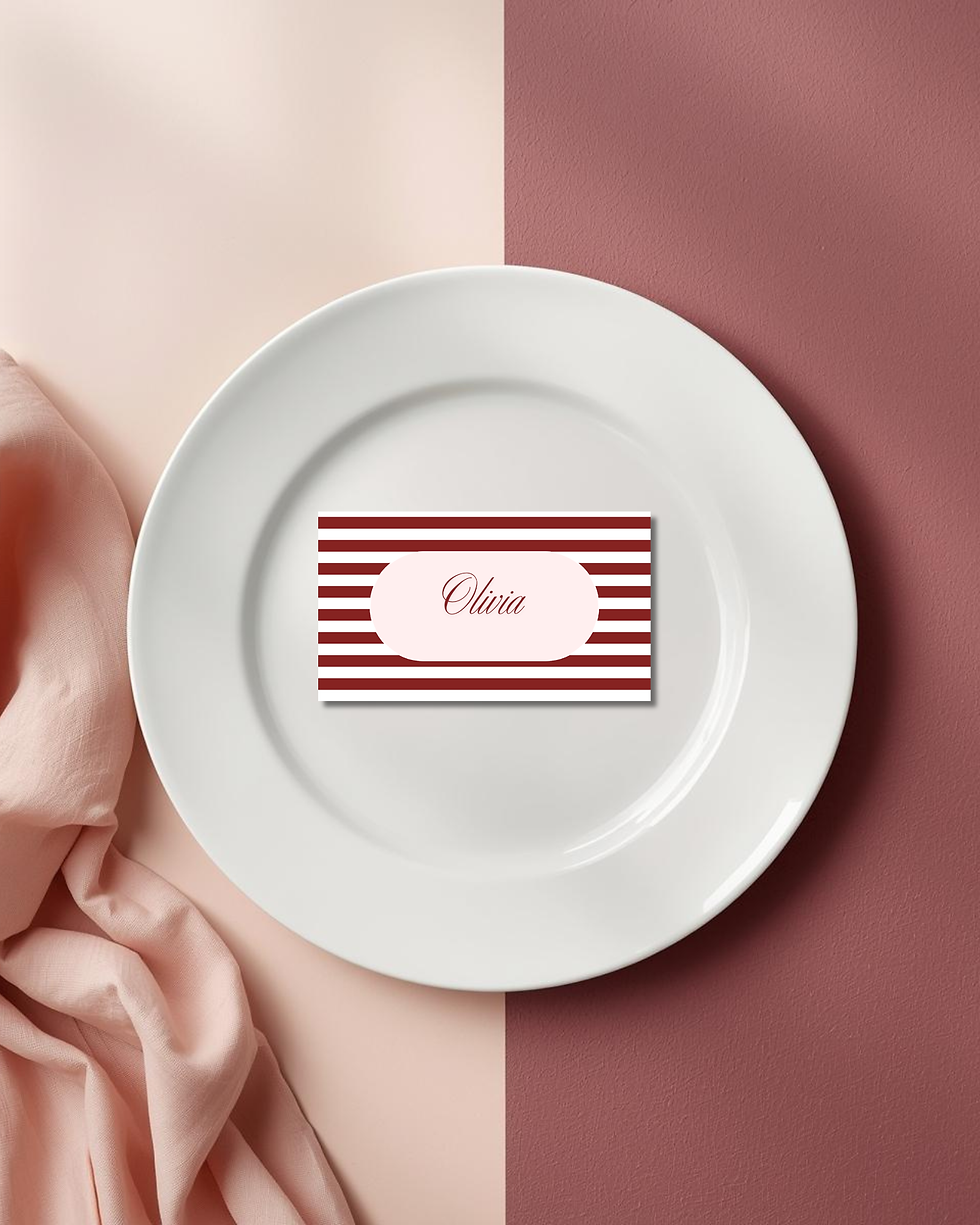 Editable place card template with bordeaux striped design, minimalist printable place card