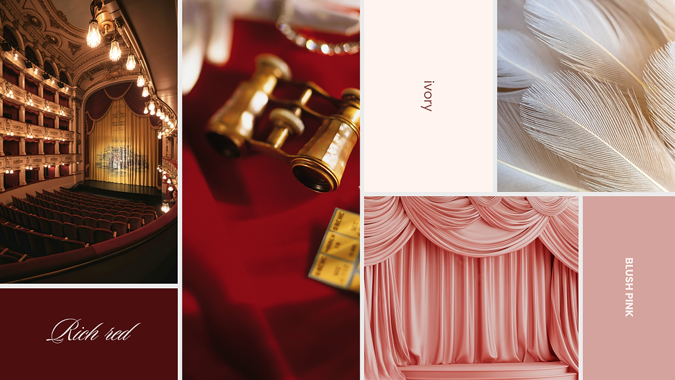 Opera aesthetic inspiration collage featuring a classic opera house interior with red velvet seating, vintage opera binoculars on rich velvet fabric, ivory and blush pink colour palette details, soft decorative textures, draped theatre curtains, and deep red tones, reflecting elegant opera aesthetic afternoon tea styling and decor
