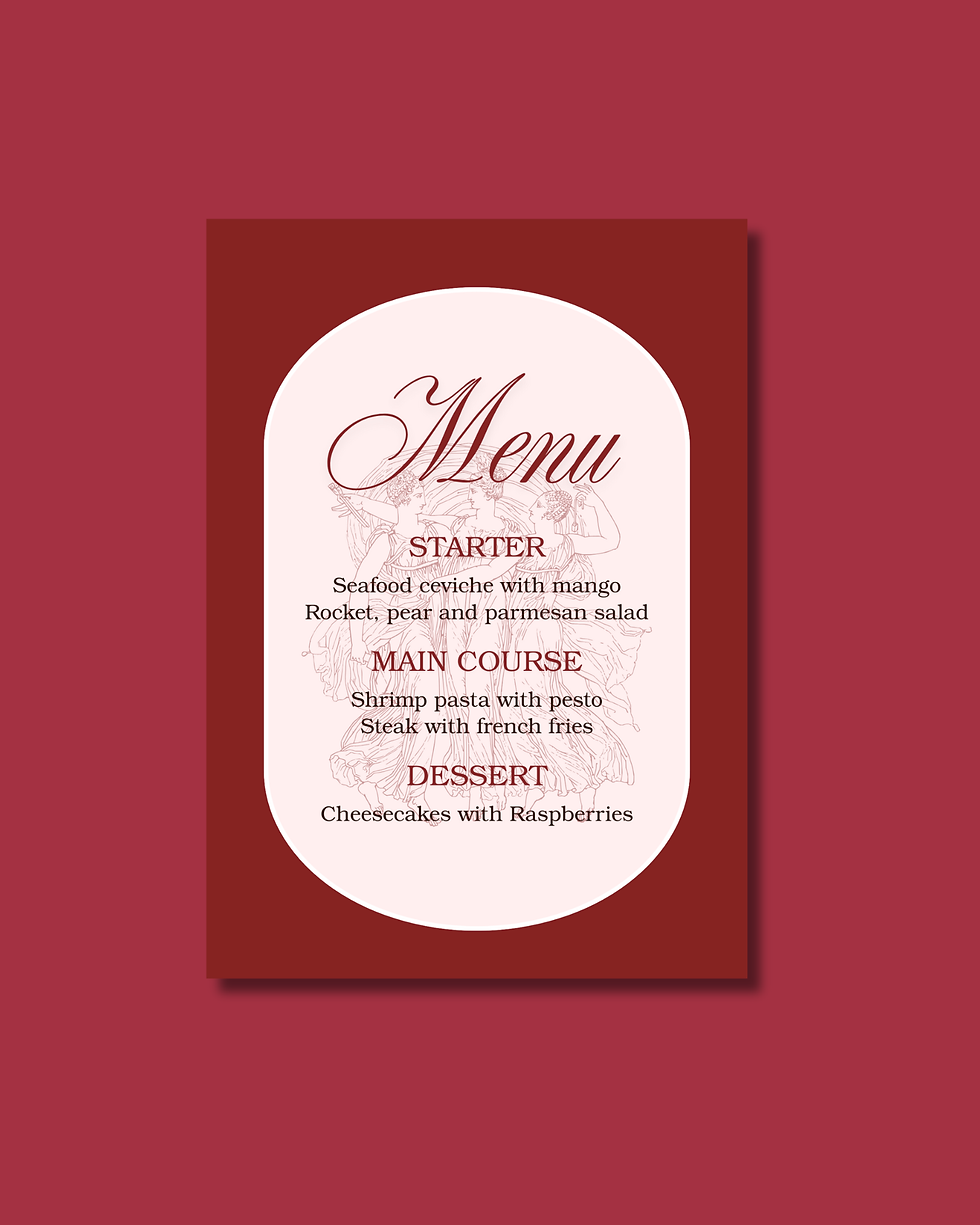 Editable menu template with bordeaux goddess-inspired design, romantic Canva menu card