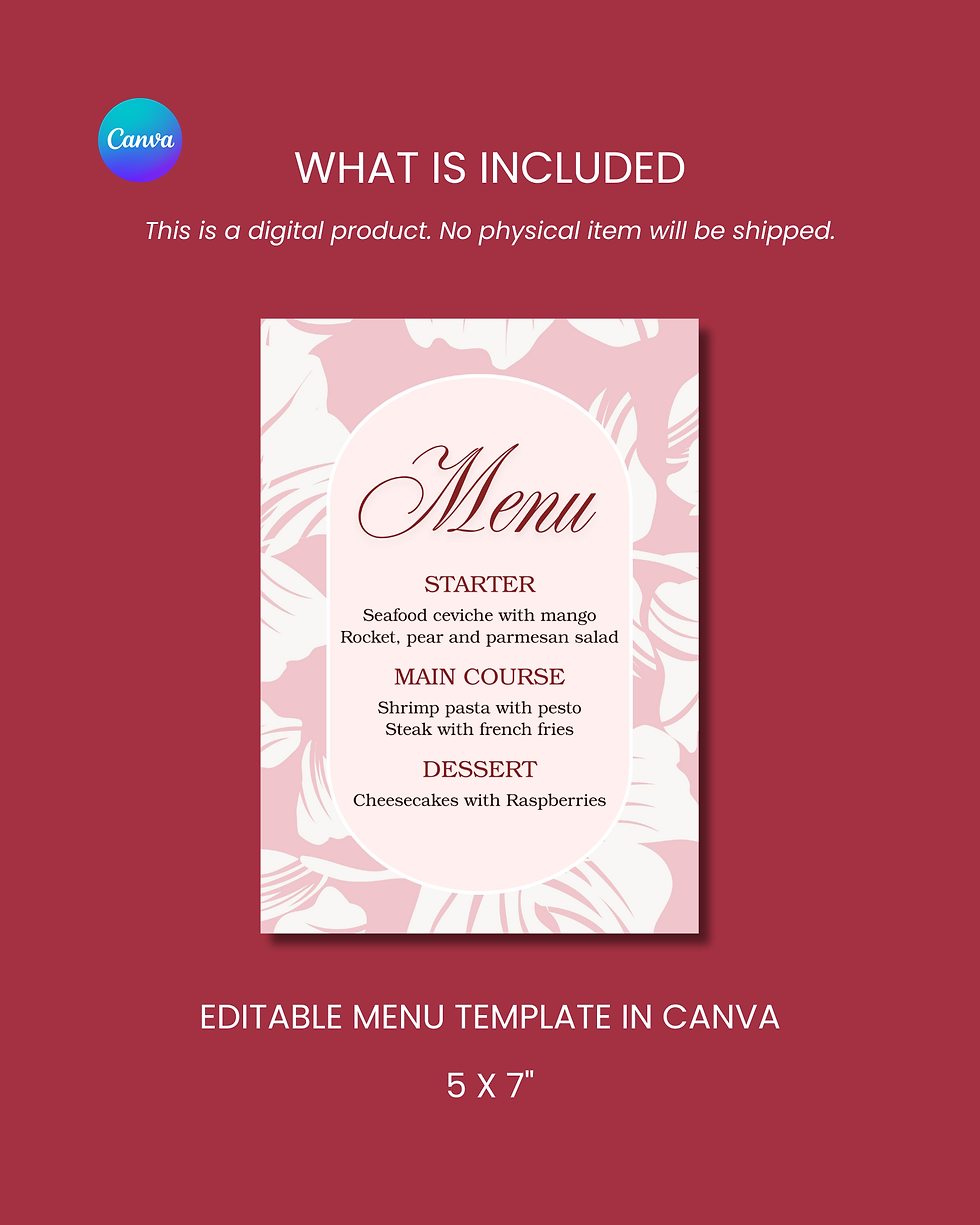 Thumbnail: Editable menu template in soft pink floral style, elegant printable Canva menu card