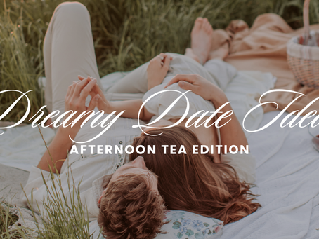 Romantic picnic date setup with a couple holding hands under the sun, surrounded by afternoon tea and nature