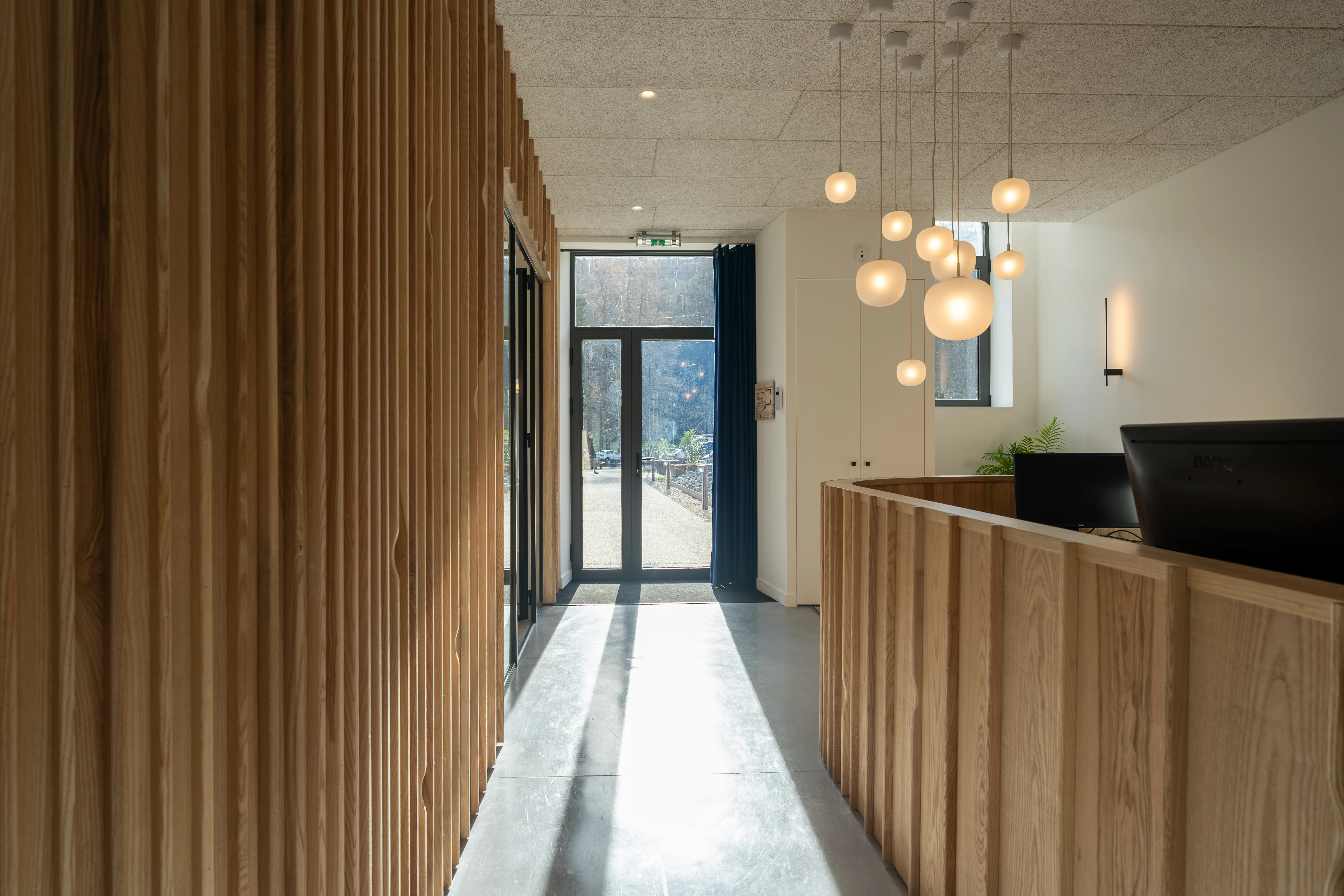 Accueil du cabinet comptable Au Bonheur des Dames : banque d'accueil en frêne massif, cloisons courbes en bois local et suspensions globes, Saint-Martin-d'Uriage. Atelier Joëlle Personnaz architecte. Photo A. Frénot.