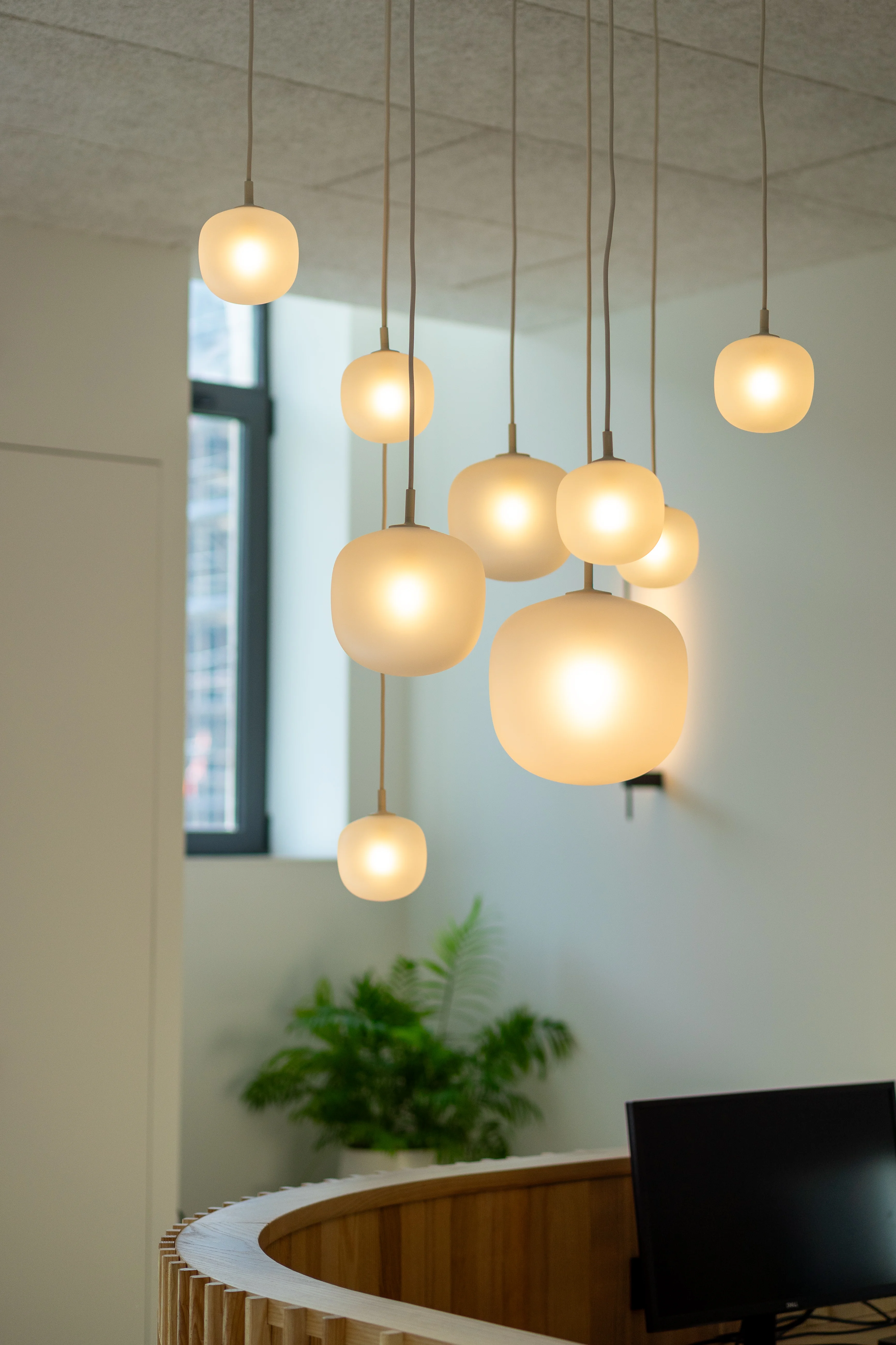 Détail des suspensions globes en verre dépoli au-dessus de la banque d'accueil, projet Au Bonheur des Dames, aménagement intérieur en bois local, Isère. Atelier Joëlle Personnaz architecte. Photo A. Frénot.