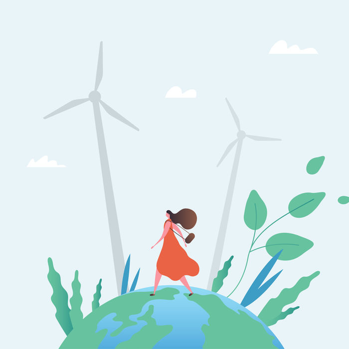 Illustrated figures, a lady walking on top of planet earth, windy, windmills, and green.