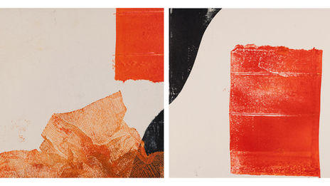 Two square monotype prints featuring abstract elements in black and orange. The shapes do not depict any clear image