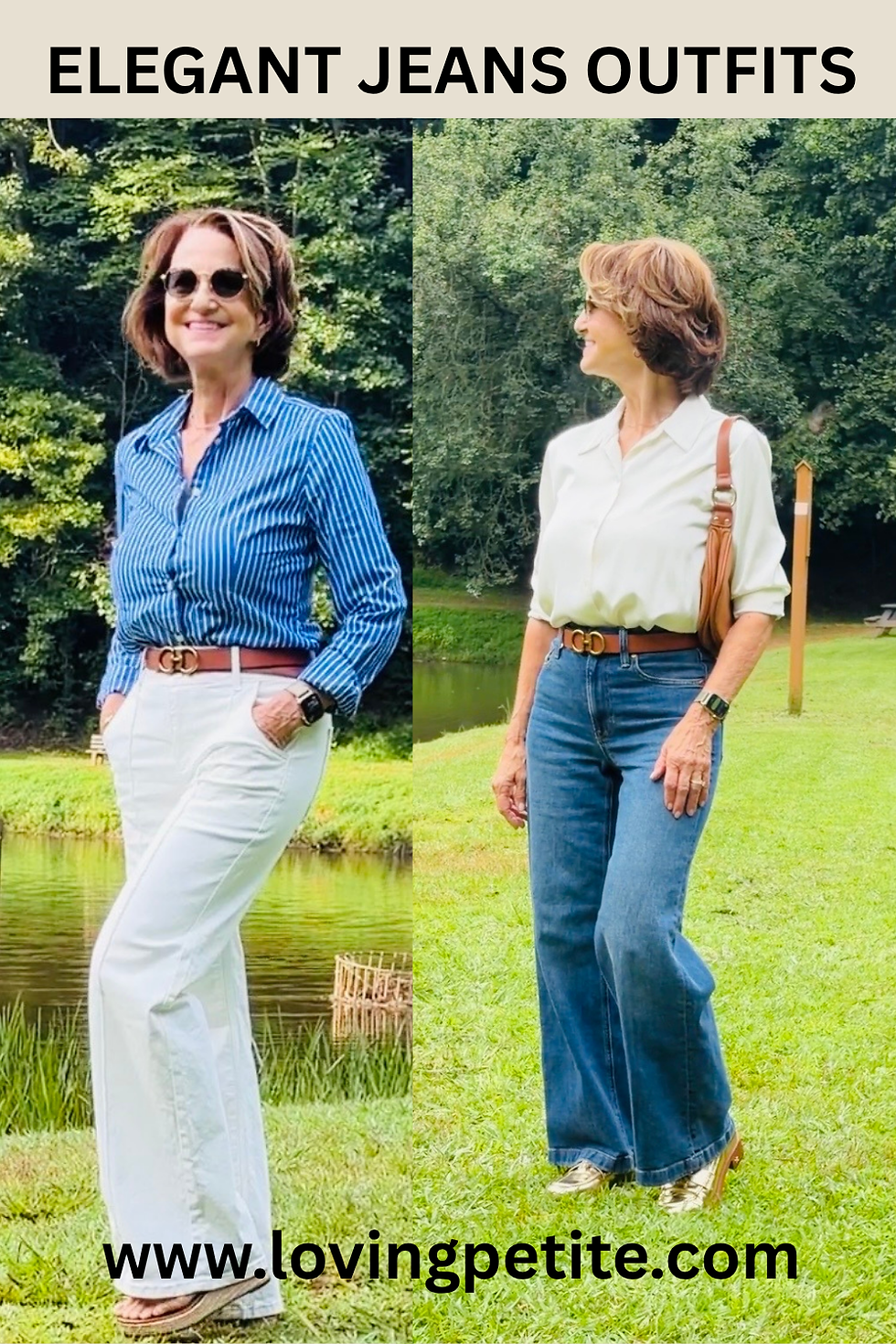 Two women modeling elegant jeans outfits for late summer to fall