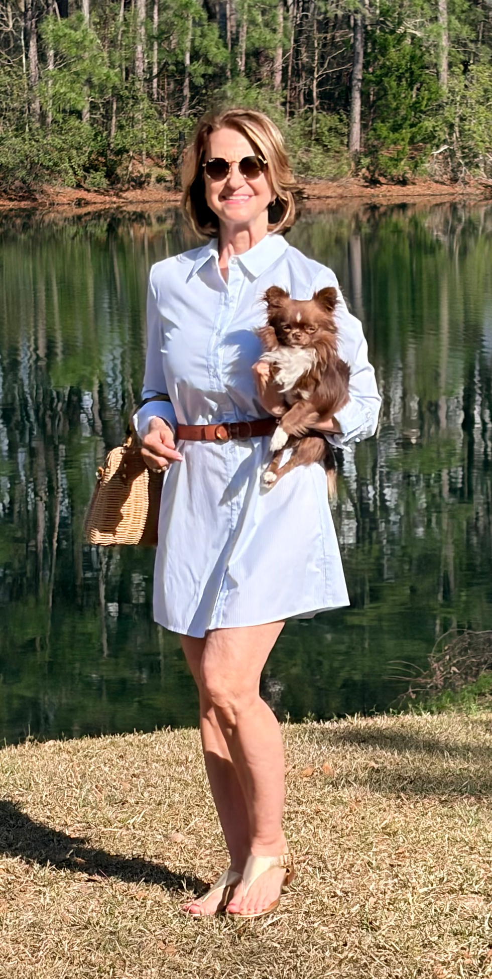 petite woman wearing XS mini shirt dress