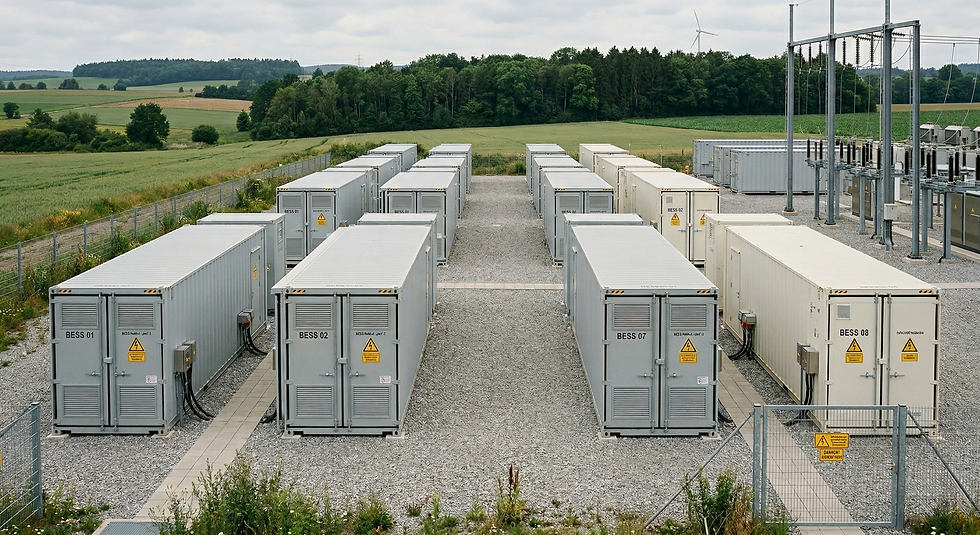 Batteriespeicherpark neben einem Umspannwerk