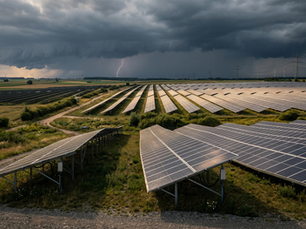 Im Vordergrund ist ein großer Solarpark zusehen. Dieser besteht aus vielen einzelnen Photovoltaik-Modulen. Im Hintergrund zieht ein Gewitter auf. Ein Blitz schlägt im Hintergrund ein.