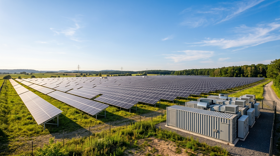 Photorealistischer Solarpark in Deutschland mit Batteriespeicher am Rand der Anlage.