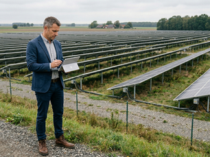 Mann in einem blauen Anzug mit grauem Hemd mit Tablet vor einem Solarpark.