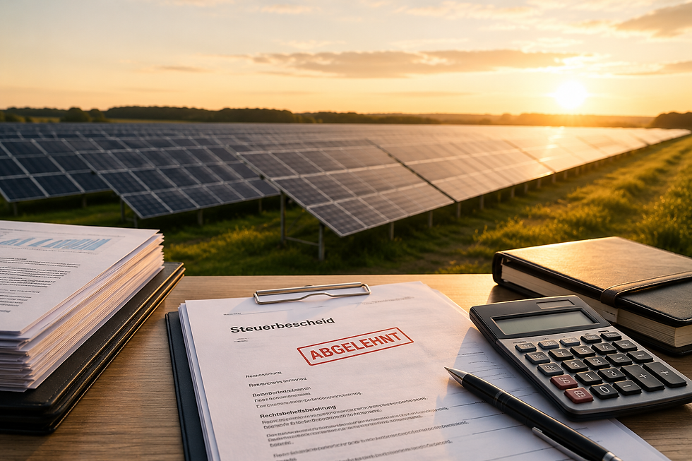 Photorealistischer Solarpark bei Sonnenuntergang mit Reihen von Photovoltaikmodulen in einer ländlichen Landschaft, im Vordergrund ein Tisch mit Steuerunterlagen, Taschenrechner und einem abgelehnten Steuerbescheid, als Symbol für einen verweigerten Investitionsabzugsbetrag bei Photovoltaik-Investments