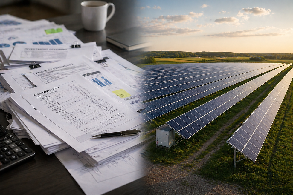 Split-Bild: Links ein chaotischer Stapel von Finanzdokumenten und Verträgen als Symbol für Crowdinvesting, rechts ein strukturierter deutscher Solarpark bei Sonnenuntergang als Sinnbild für ein direktes Investment in einen realen Sachwert