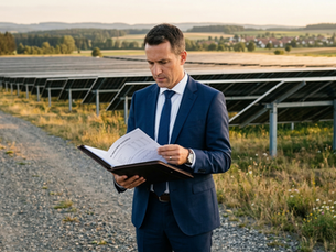 Ein Mann im Anzug liest Unterlagen vor einer Photovoltaik-Anlage