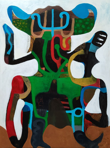 abstract figurative painting about a cowboy walking by artist soren bouzon