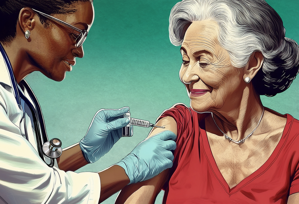 An older lady receiving a vaccination while seated. 