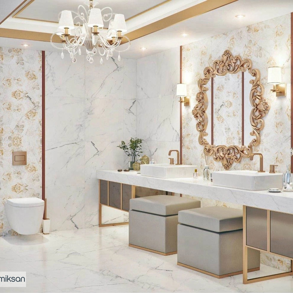 Salle de bain luxueuse avec double vasque et miroir doré