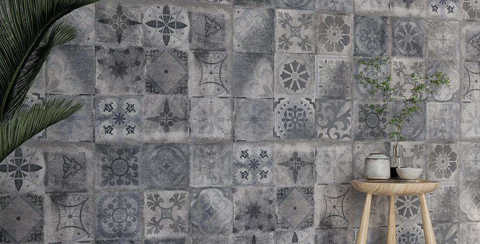 Mur en grès cérame à motifs, plante et table décorative.